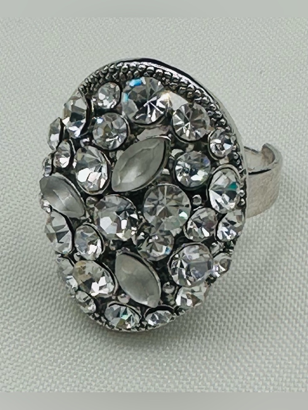 Oversized Silver-Tone Rhinestone Oval Cluster Cocktail Statement Ring